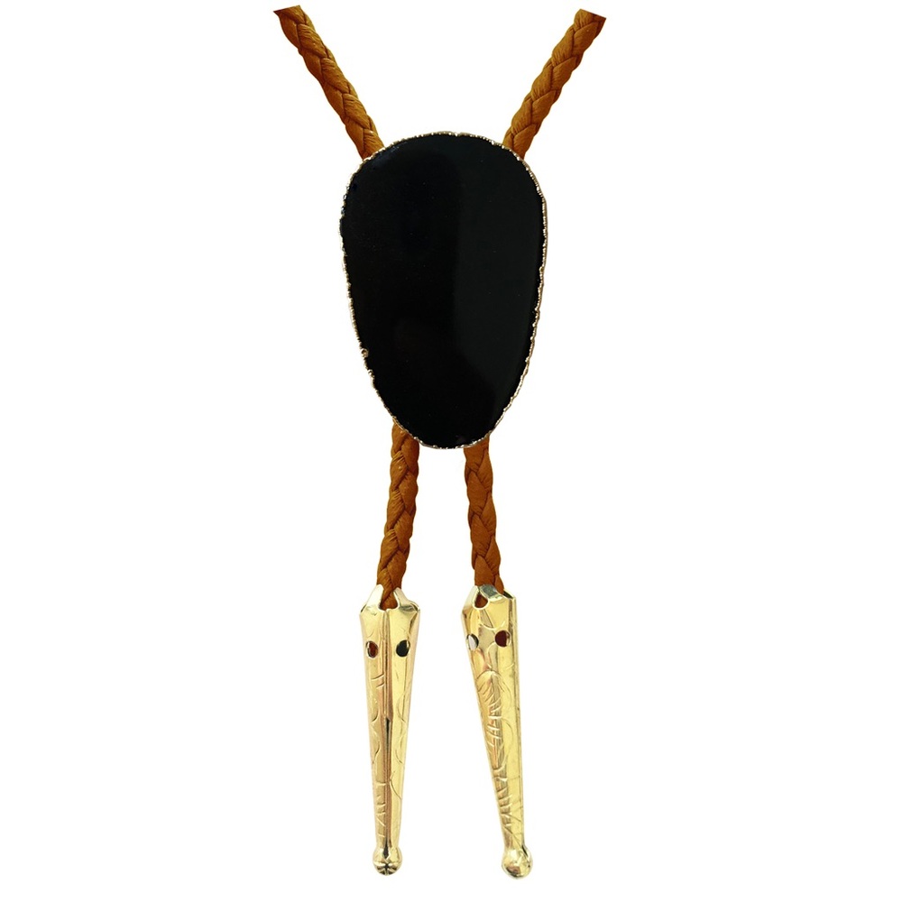 Black Onyx Gold Trim Bolo Tie with Brown Braided Vegan Leather Cord